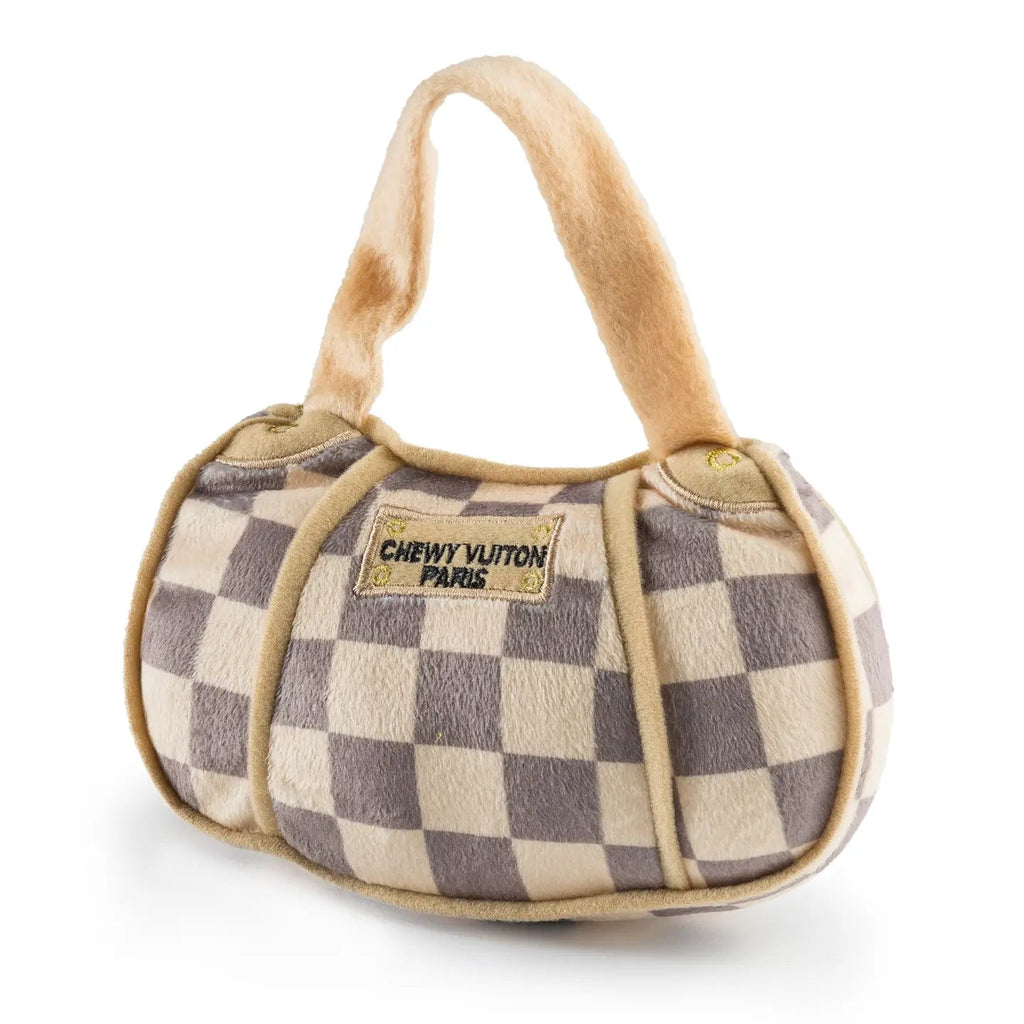 Checker Chewy Vuiton Handbag Squeaker Dog Toy - Bark and Willow