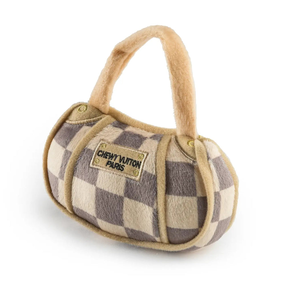 Checker Chewy Vuiton Handbag Squeaker Dog Toy - Bark and Willow