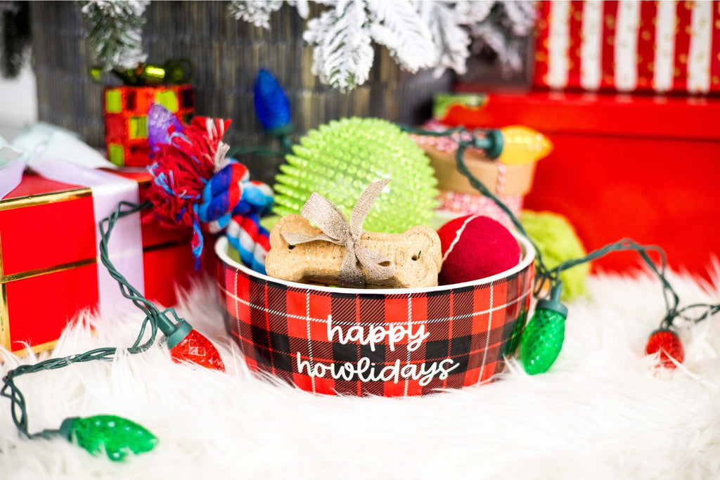 "Happy Howlidays" Holiday Ceramic Dog Bowl, Large - Bark and Willow